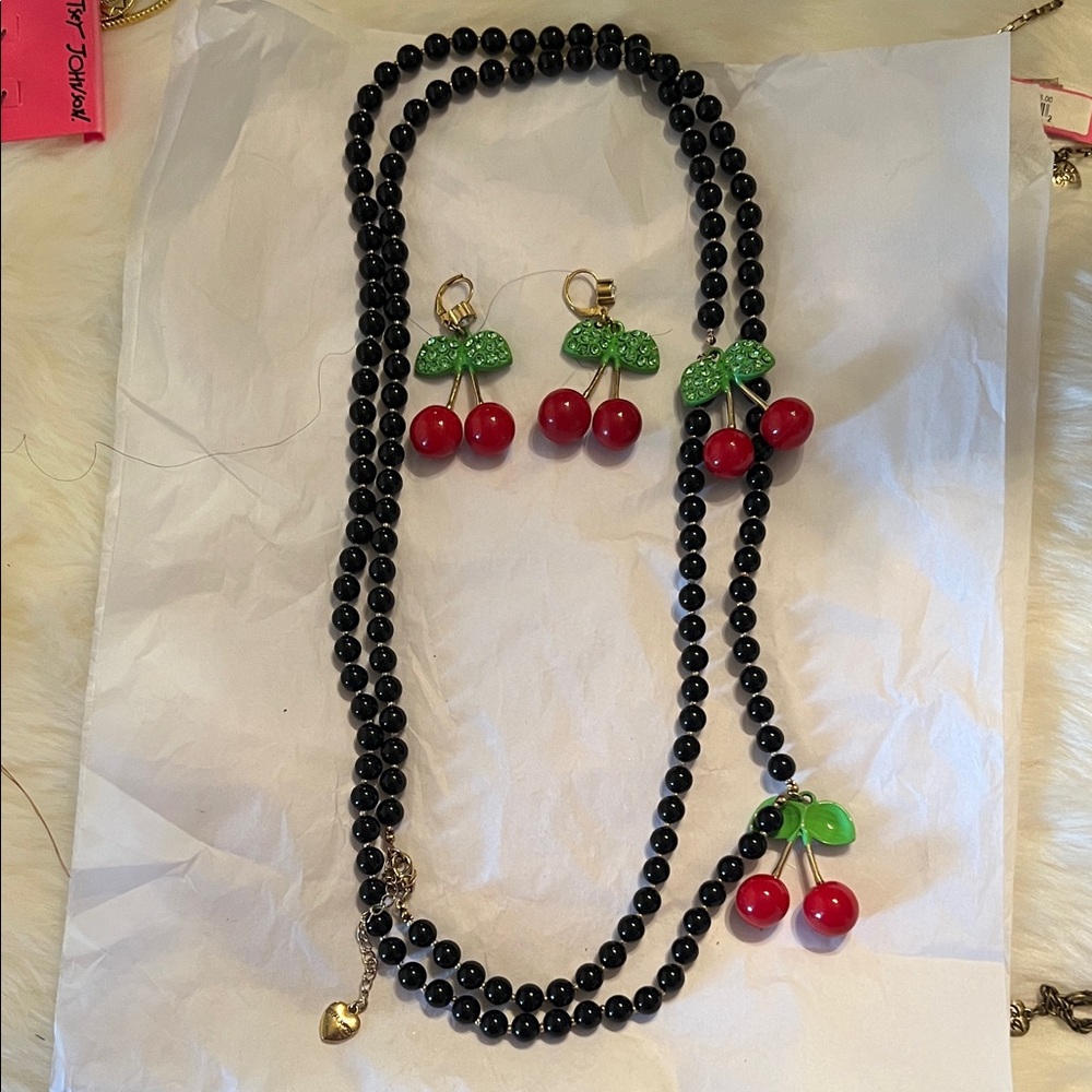 Betsey Johnson Black Bead Necklace with Red Cherry & Green Leaf Accents